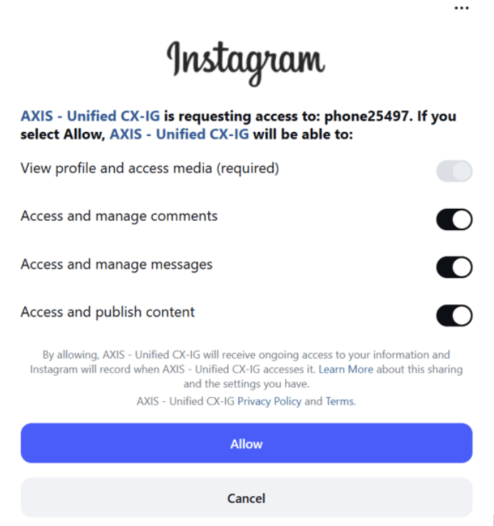 Facebook & Instagram connection — review and grant the required permissions to connect your accounts.