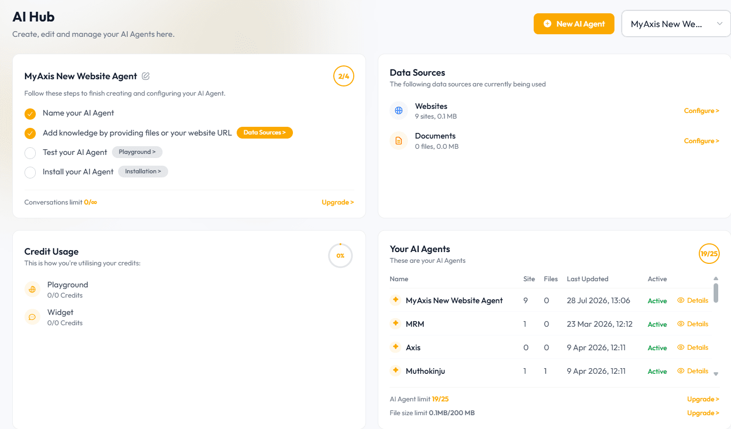AI Agents — create and configure a new AI agent.