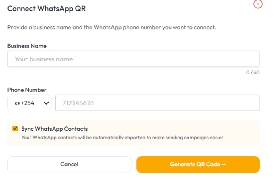 WhatsApp connection — connect your WhatsApp QR number