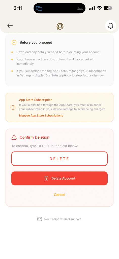 Tap Delete Account